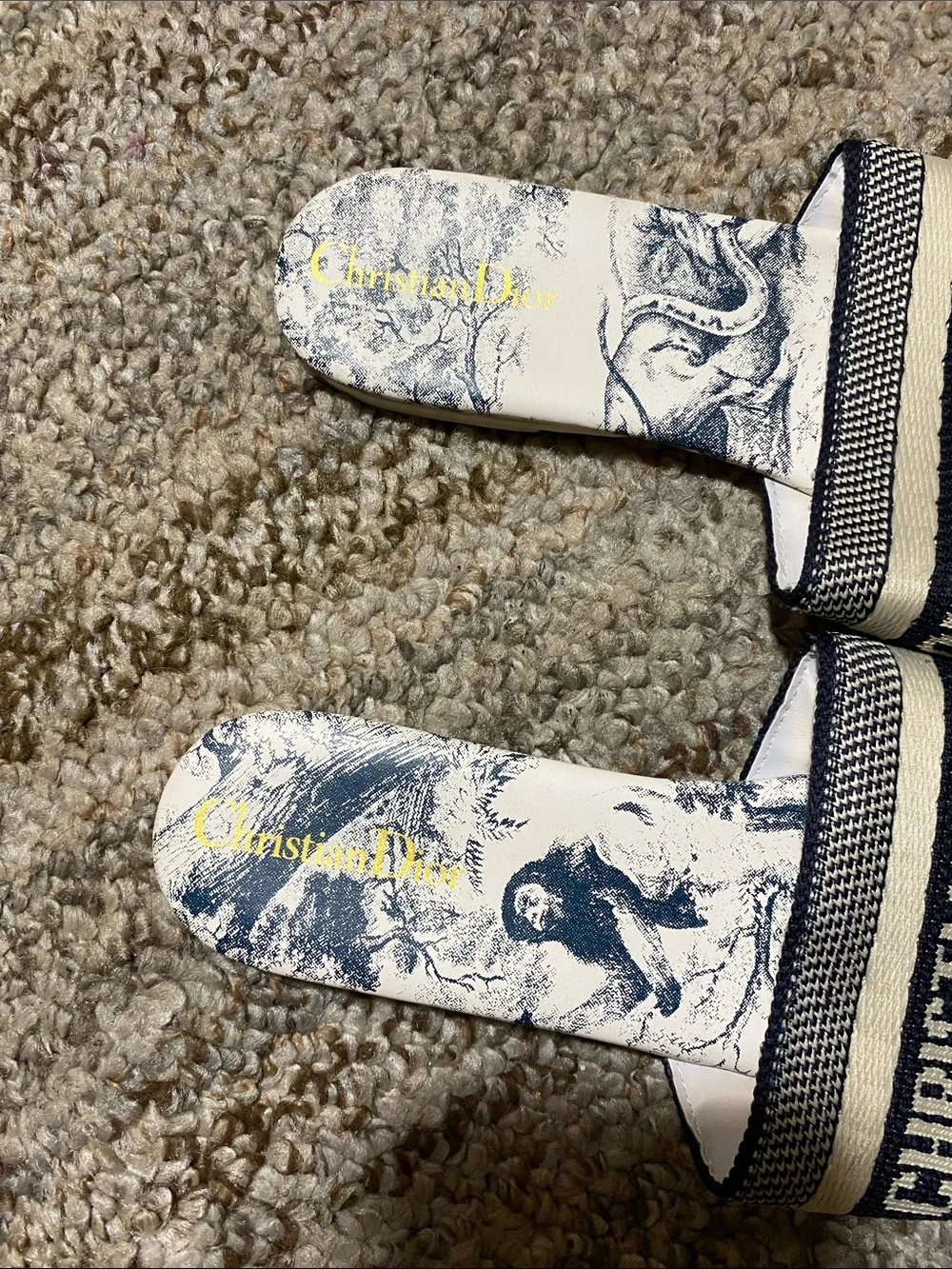 Dior Beige and Navy Christian Dior Logo Slide Sandals